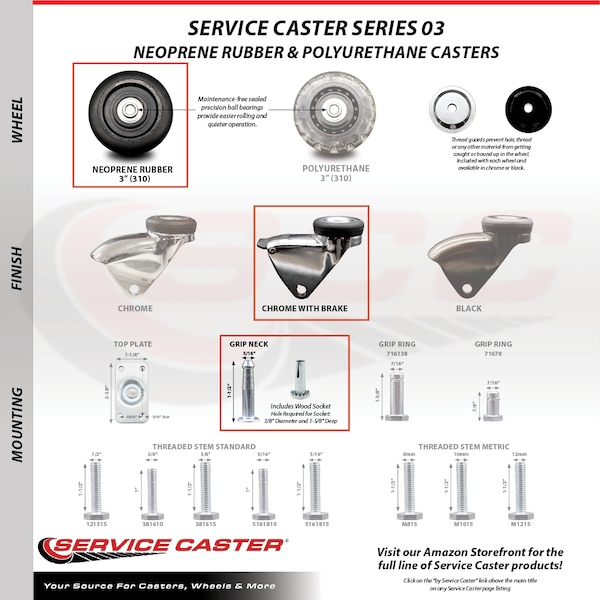 3 Inch Chrome Hooded Neoprene Rubber Grip Ring Stem Casters with Brake SCC, 5PK